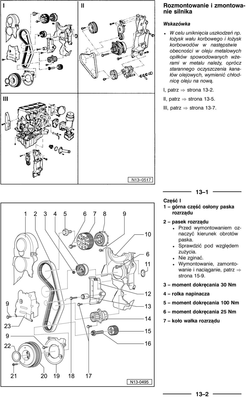 olejowych, wymienić chłodnicę oleju na nową. I, patrz strona 13-2. II, patrz strona 13-5. III, patrz strona 13-7.