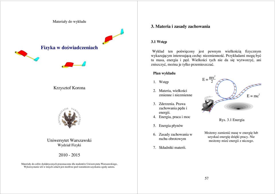 Materia, wielkości zmienne i niezmienne E = m E = mc VU N I VE RS ITATI S VA R SO I E NS IS Uniwersytet Warszawski Wydział Fizyki 010-015 3. Zderzenia. Prawa zachowania pędu i energii. 4.