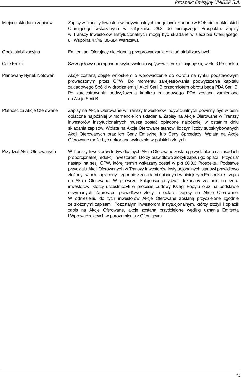 Wspólna 47/49, 00-684 Warszawa Emitent ani Oferuj¹cy nie planuj¹ przeprowadzania dzia³añ stabilizacyjnych Szczegó³owy opis sposobu wykorzystania wp³ywów z emisji znajduje siê w pkt 3 Prospektu Akcje