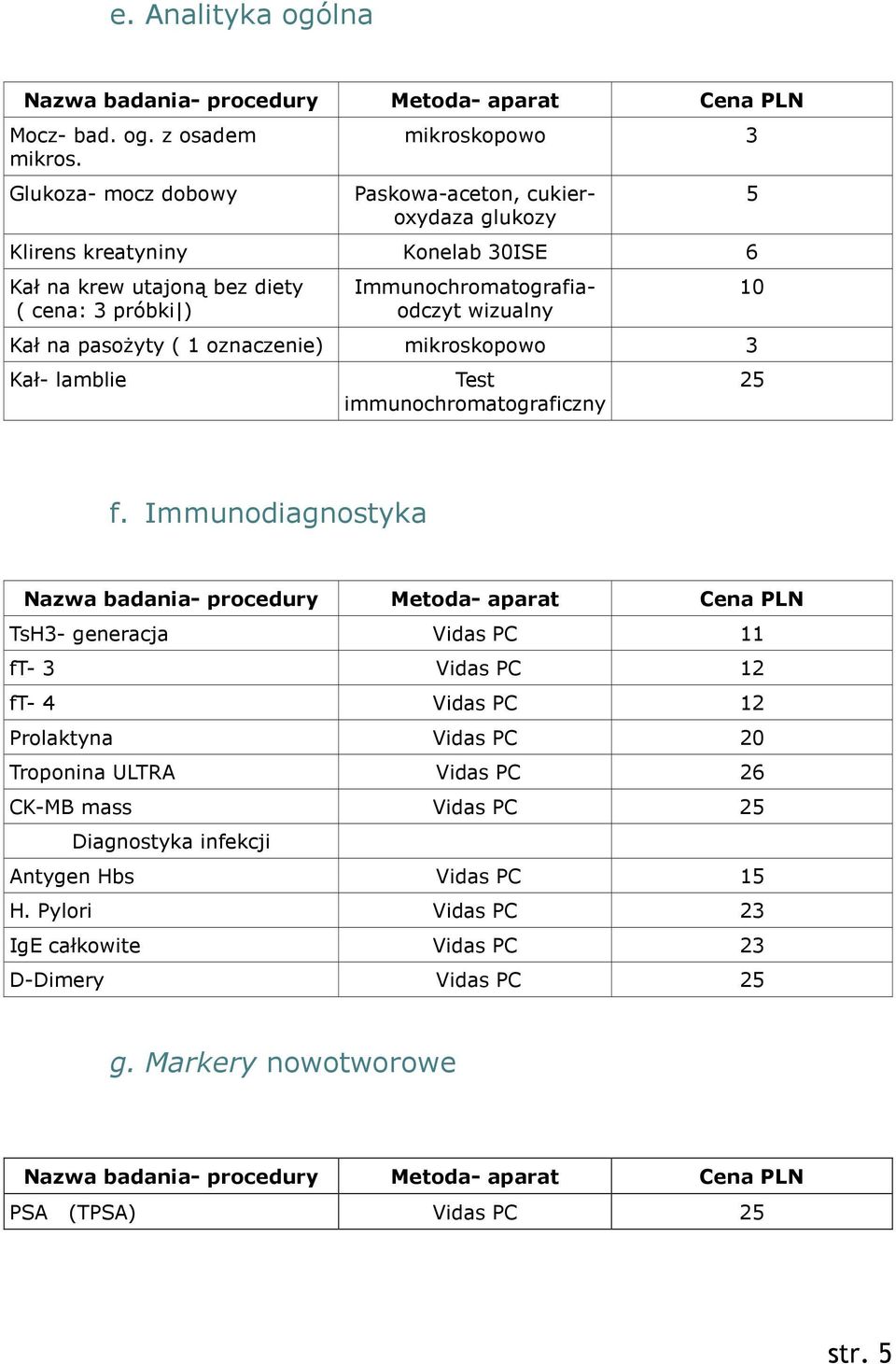 Immunochromatografiaodczyt wizualny Kał na pasożyty ( 1 oznaczenie) mikroskopowo 3 Kał- lamblie Test immunochromatograficzny 5 10 25 f.