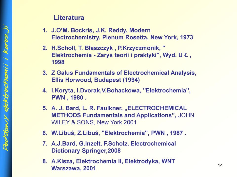 Koryta, I.Dvorak,V.Bohackowa, "Elektrochemia", PWN, 1980. 5. A. J. Bard, L. R.