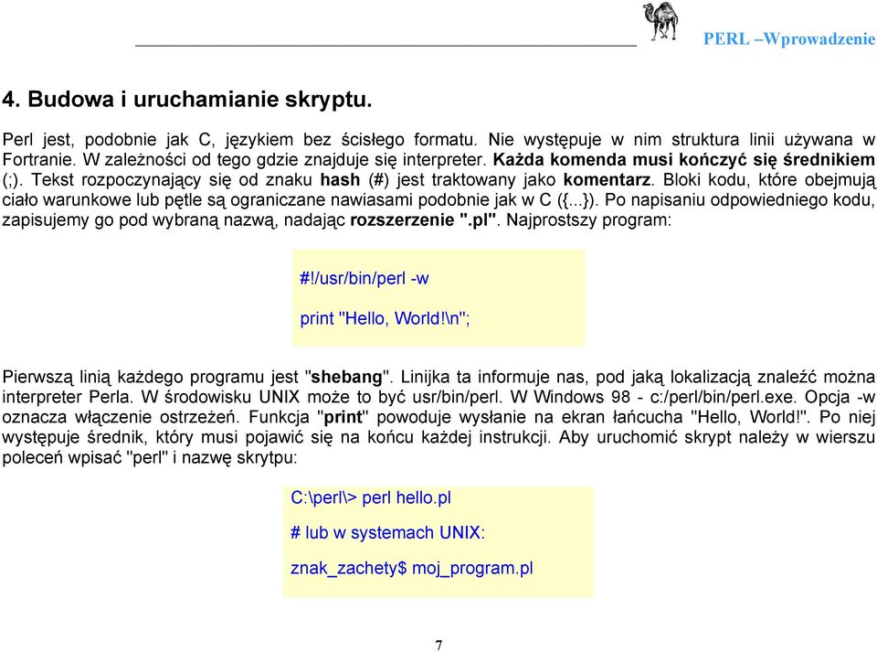 Bloki kodu, które obejmują ciało warunkowe lub pętle są ograniczane nawiasami podobnie jak w C ({...}). Po napisaniu odpowiedniego kodu, zapisujemy go pod wybraną nazwą, nadając rozszerzenie ".pl".