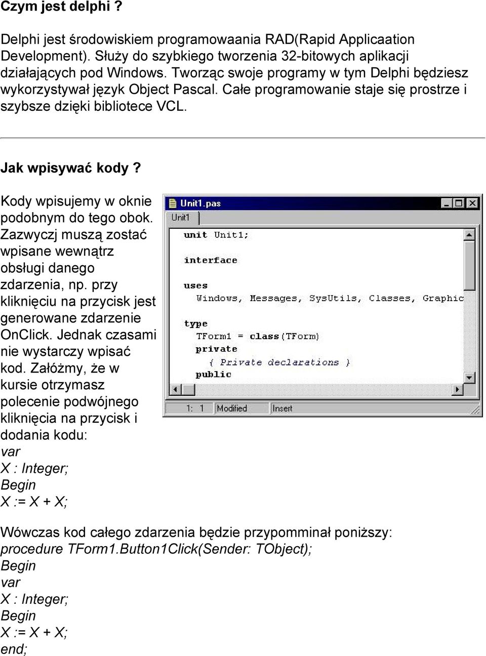 Kody wpisujemy w oknie podobnym do tego obok. Zazwyczj muszą zostać wpisane wewnątrz obsługi danego zdarzenia, np. przy kliknięciu na przycisk jest generowane zdarzenie OnClick.