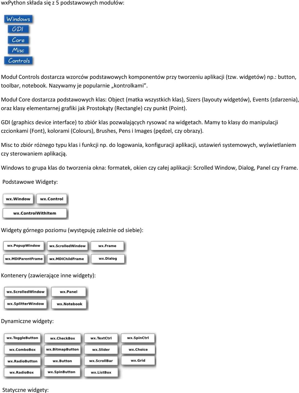 Moduł Core dostarcza podstawowych klas: Object (matka wszystkich klas), Sizers (layouty widgetów), Events (zdarzenia), oraz klasy elementarnej grafiki jak Prostokąty (Rectangle) czy punkt (Point).