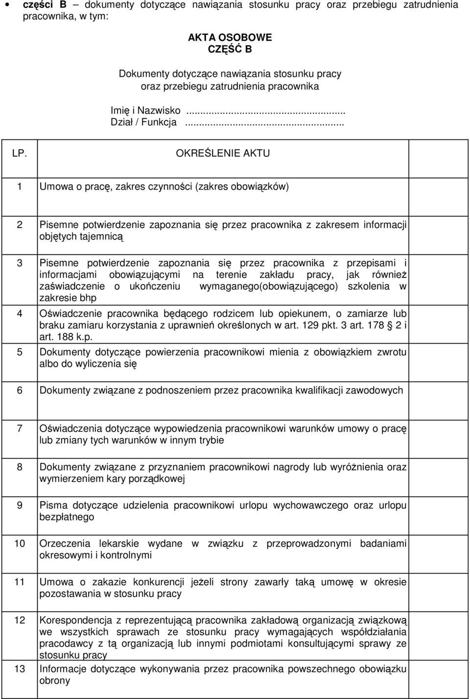 .. 1 Umowa o pracę, zakres czynności (zakres obowiązków) 2 Pisemne potwierdzenie zapoznania się przez pracownika z zakresem informacji objętych tajemnicą 3 Pisemne potwierdzenie zapoznania się przez