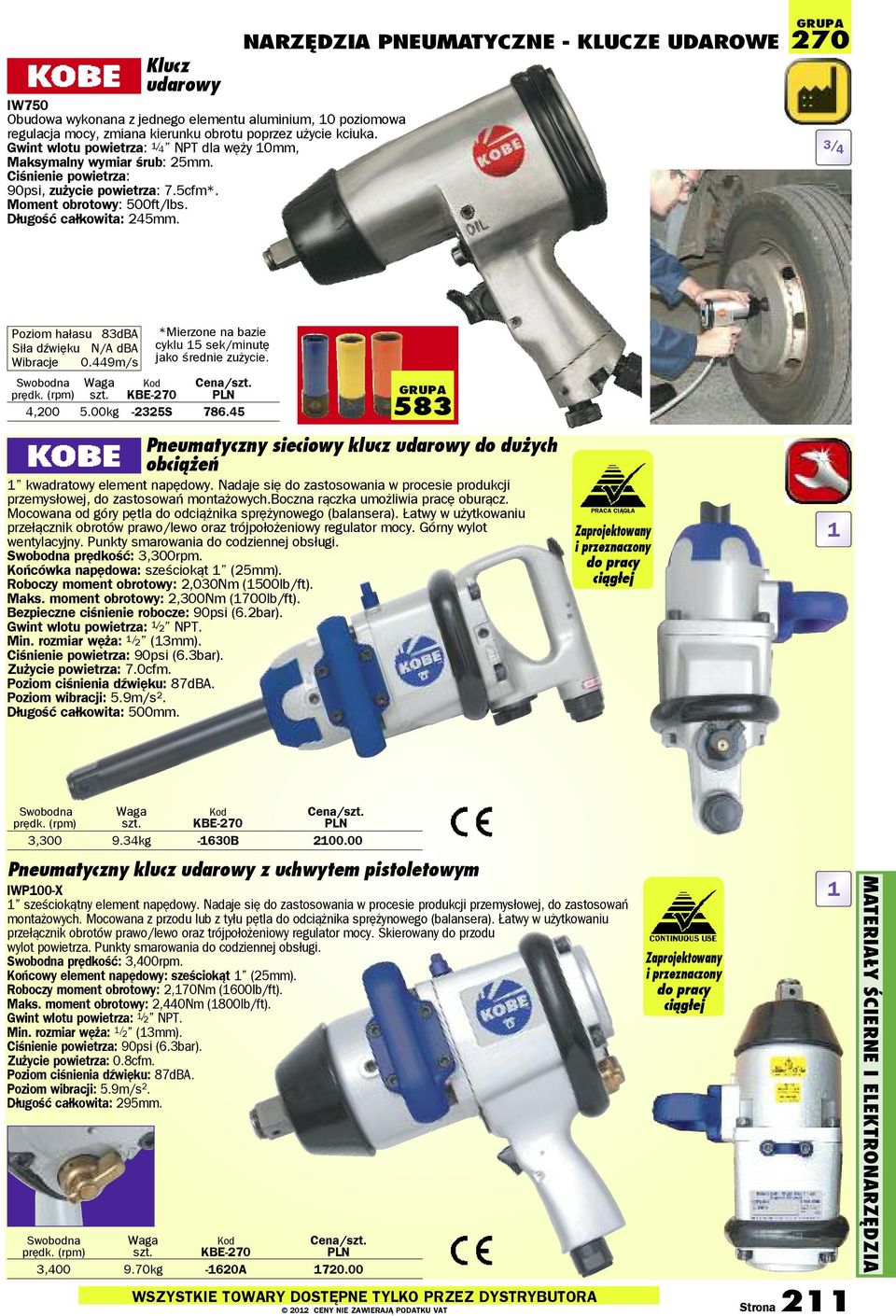 narzędzia pneumatyczne - klucze udarowe 270 3/ 4 Poziom hałasu 83dBA Siła dźwięku N/A dba Wibracje 0.449m/s *Mierzone na bazie cyklu 15 sek/minutę jako średnie zużycie. prędk. (rpm) 4,200 5.