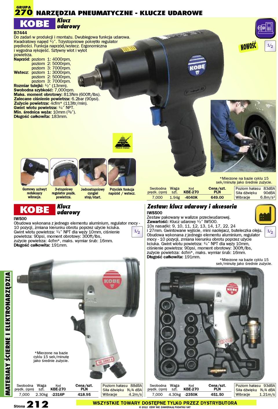 Wstecz: poziom 1: 3000rpm, poziom 2: 5000rpm, poziom 3: 7000rpm. Rozmiar tulejki: 1/ 2 (13mm). szybkość: 7,000rpm. Maks. moment obrotowy: 813Nm (600ft/lbs). Zalecane ciśnienie powietrza: 6.