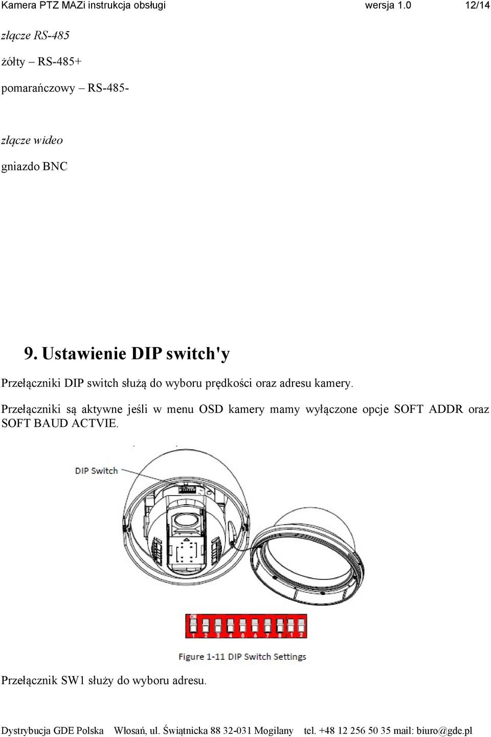 Ustawienie DIP switch'y Przełączniki DIP switch służą do wyboru prędkości oraz adresu