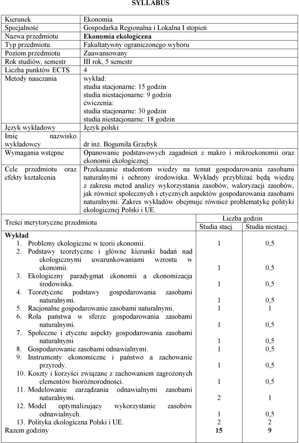 wykładowy Język polski Imię nazwisko wykładowcy dr inż. Bogumiła Grzebyk Wymagania wstępne Opanowanie podstawowych zagadnień z makro i mikroekonomii oraz ekonomii ekologicznej.