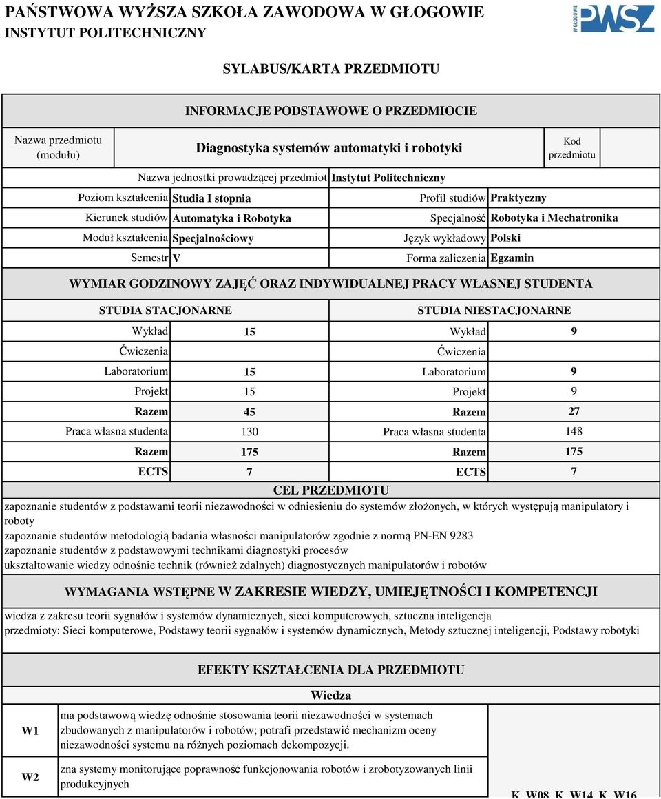 studiów Praktyczny Specjalność Robotyka i Mechatronika Język wykładowy Polski Forma zaliczenia Egzamin WYMIAR GODZINOWY ZAJĘĆ ORAZ INDYWIDUALNEJ PRACY WŁASNEJ STUDENTA Wykład 5 Wykład Laboratorium 5