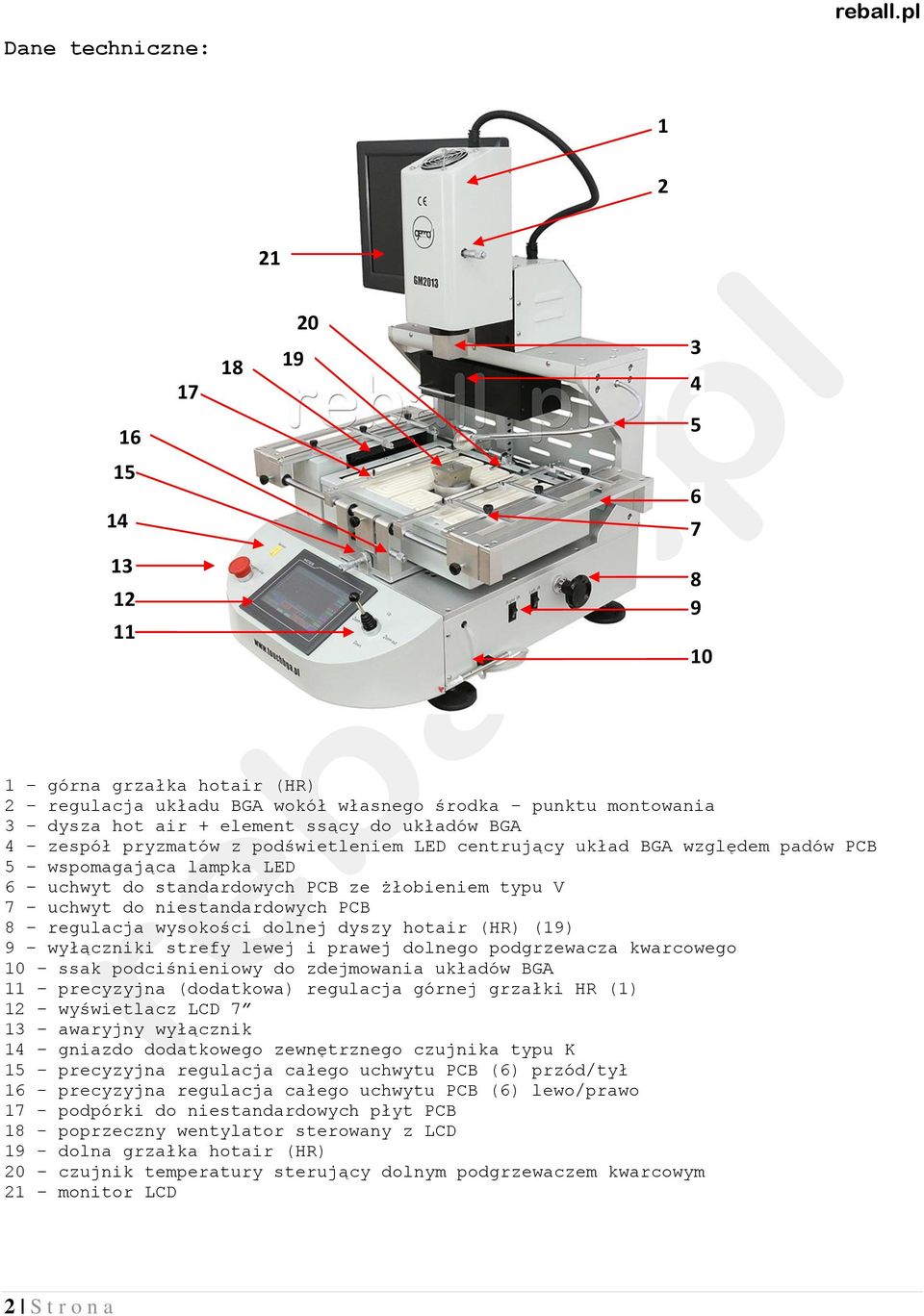 zespół pryzmatów z podświetleniem LED centrujący układ BGA względem padów PCB 5 wspomagająca lampka LED 6 uchwyt do standardowych PCB ze żłobieniem typu V 7 uchwyt do niestandardowych PCB 8 regulacja