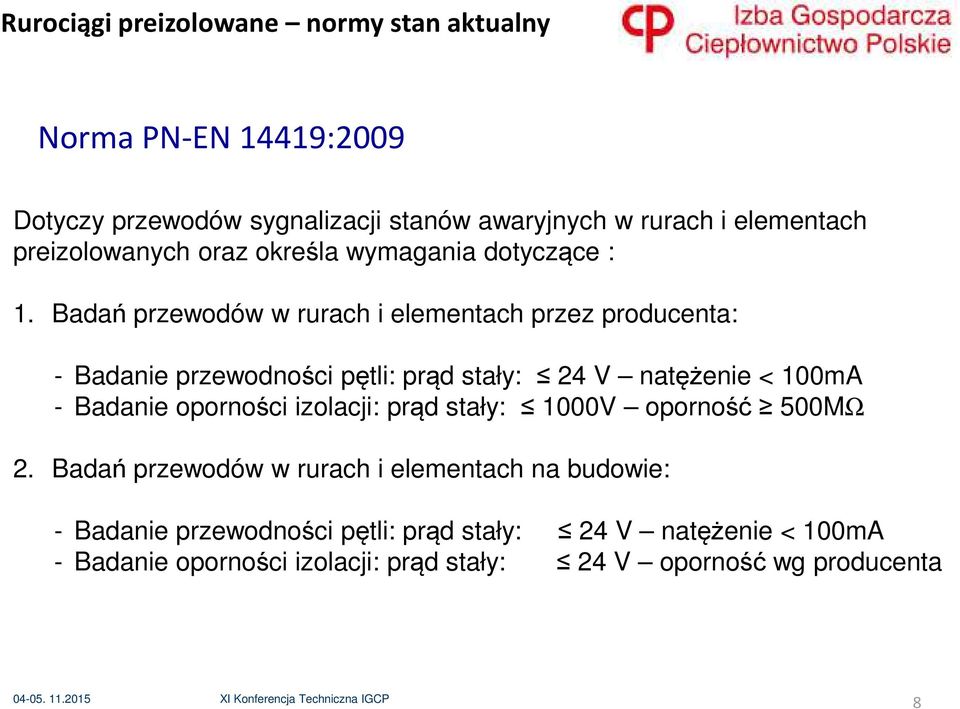 Badań przewodów w rurach i elementach przez producenta: - Badanie przewodności pętli: prąd stały: 24 V natężenie < 100mA - Badanie oporności