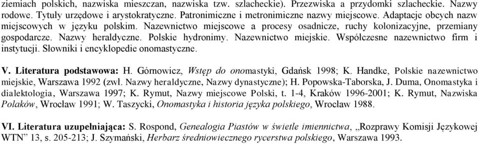 Współczesne nazewnictwo firm i instytucji. Słowniki i encyklopedie onomastyczne. V. Literatura podstawowa: H. Górnowicz, Wstęp do onomastyki, Gdańsk 1998; K.