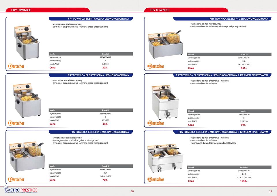 ) 2x8 moc(kw/v) 2x 3,25/2x 230 Cena 951,- FRYTOWNICA ELEKTRYCZNA JEDNOKOMOROWA - wykonana ze stali nierdzewnej - termostat bezpieczeństwa (ochrona przed przegrzaniem) FRYTOWNICA ELEKTRYCZNA