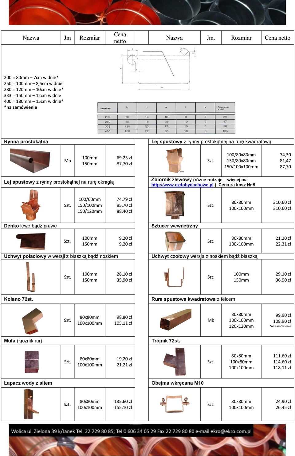 zł 87,70 zł 100/80x 150/80x 150/100x 74,30 81,47 87,70 Lej spustowy z rynny prostokątnej na rurę okrągłą Zbiornik zlewowy (różne rodzaje więcej ma http://www.ozdobydachowe.