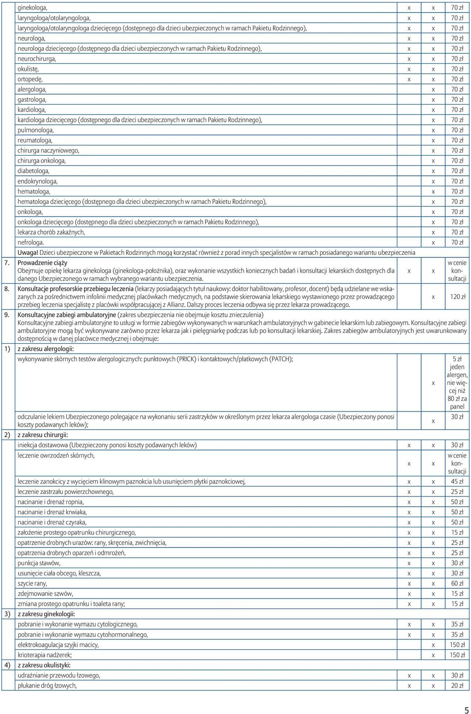 70 zł kardiologa, x 70 zł kardiologa dziecięcego (dostępnego dla dzieci ubezpieczonych w ramach Pakietu Rodzinnego), x 70 zł pulmonologa, x 70 zł reumatologa, x 70 zł chirurga naczyniowego, x 70 zł