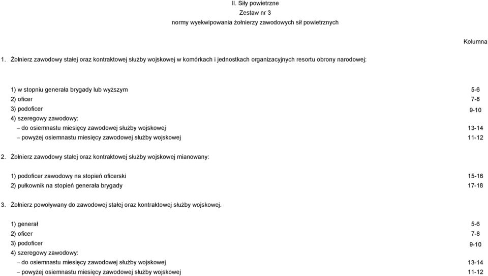 podoficer 9-10 4) szeregowy zawodowy: do osiemnastu miesięcy zawodowej służby wojskowej 13-14 powyżej osiemnastu miesięcy zawodowej służby wojskowej 11-12 2.