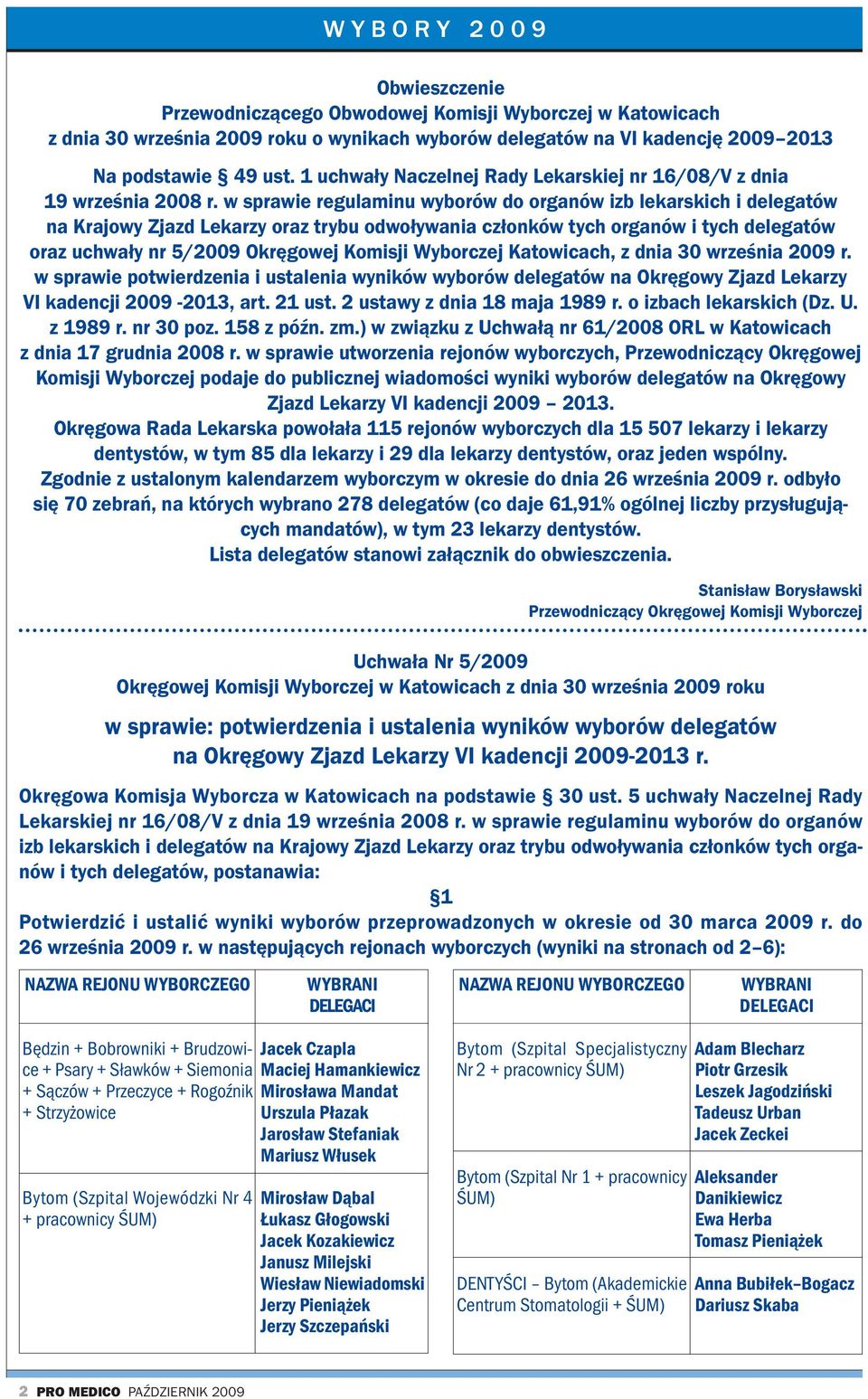 w sprawie regulaminu wyborów do organów izb lekarskich i delegatów na Krajowy Zjazd Lekarzy oraz trybu odwoływania członków tych organów i tych delegatów oraz uchwały nr 5/2009 Okręgowej Komisji