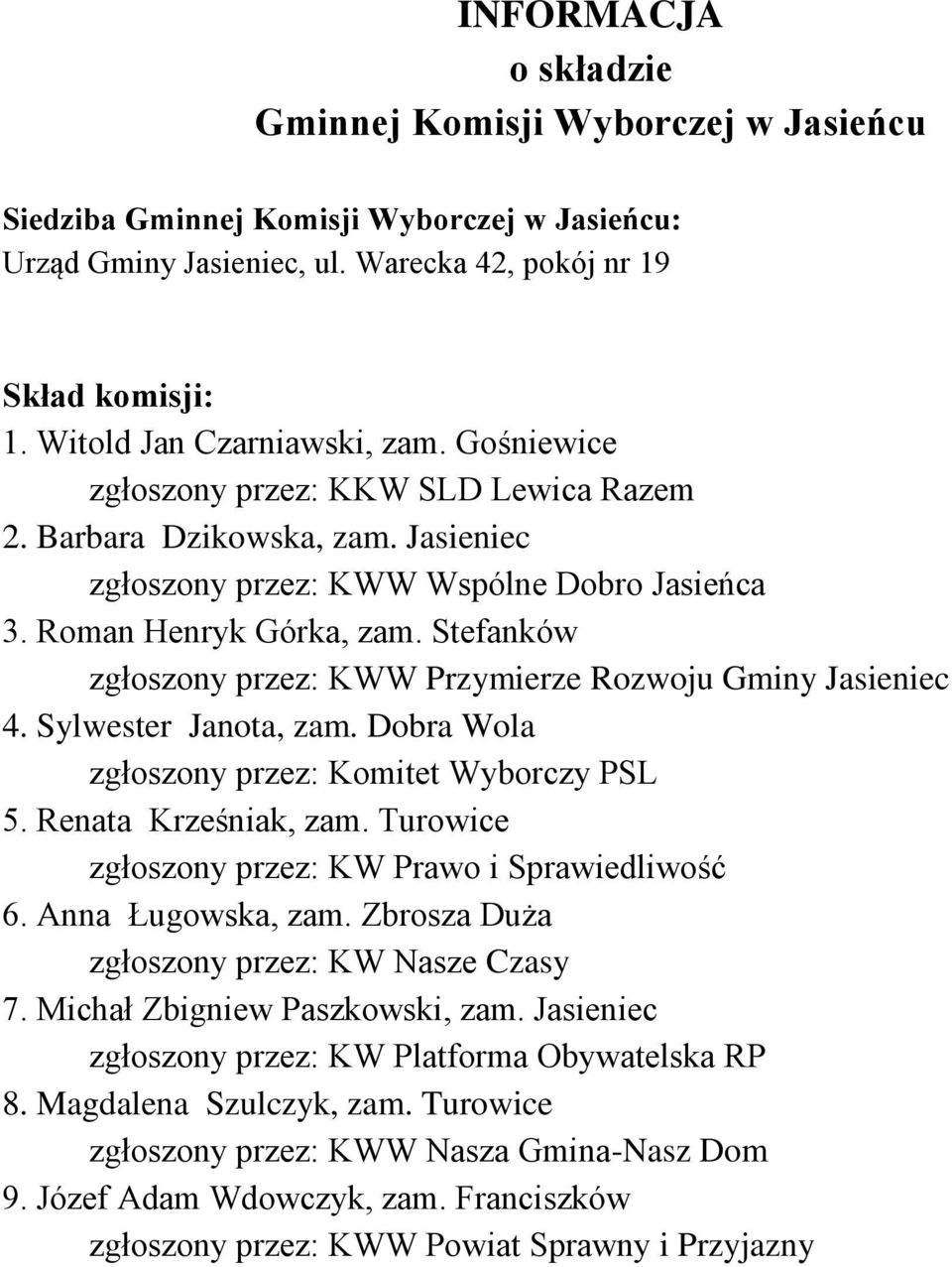 Stefanków zgłoszony przez: KWW Przymierze Rozwoju Gminy Jasieniec 4. Sylwester Janota, zam. Dobra Wola 5. Renata Krześniak, zam. Turowice 6. Anna Ługowska, zam.