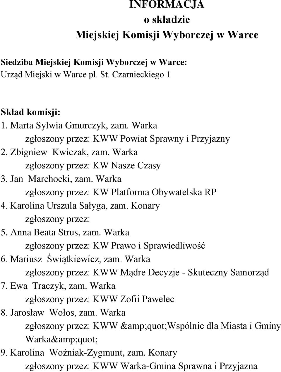 Konary zgłoszony przez: 5. Anna Beata Strus, zam. Warka 6. Mariusz Świątkiewicz, zam. Warka zgłoszony przez: KWW Mądre Decyzje - Skuteczny Samorząd 7. Ewa Traczyk, zam.