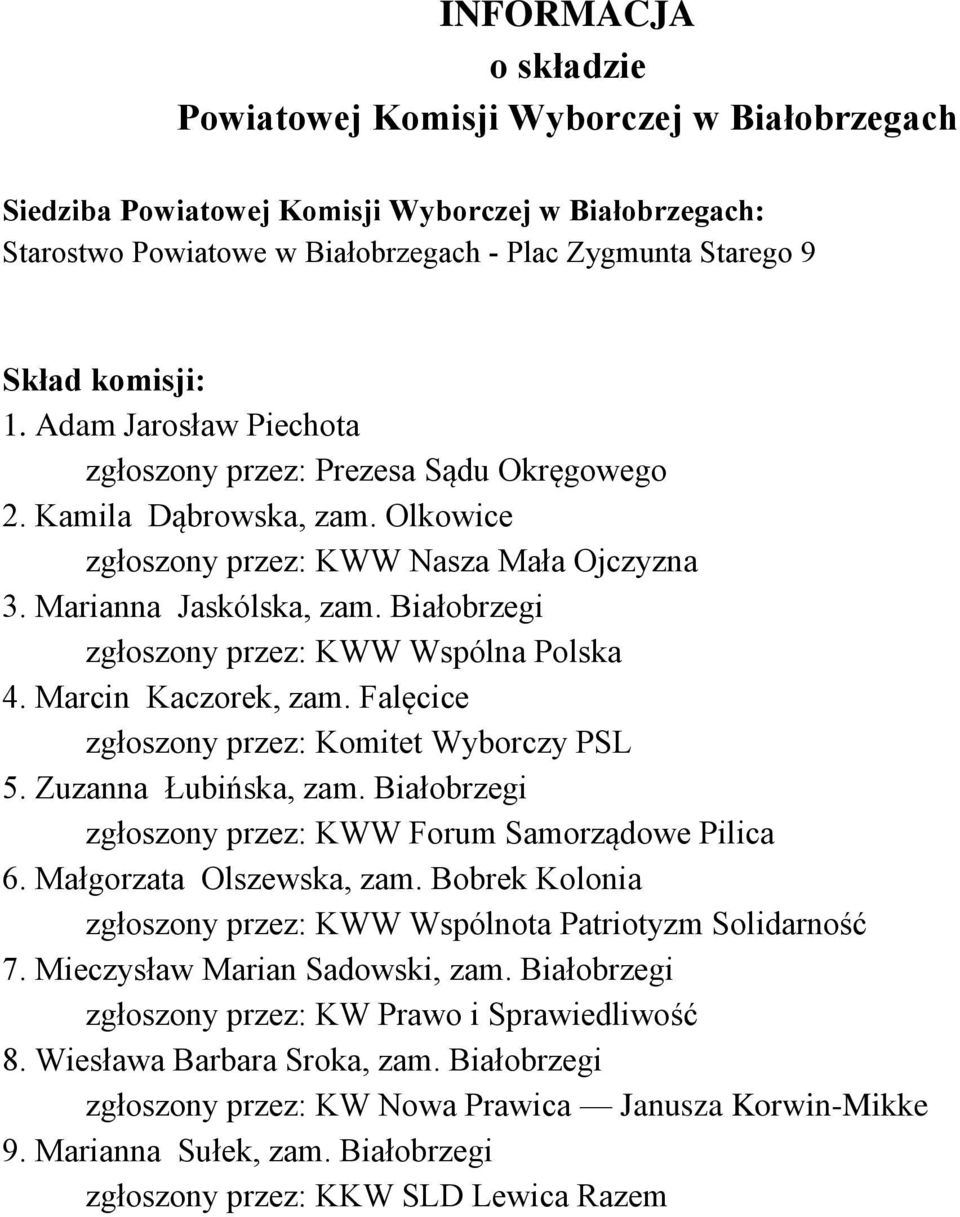 Białobrzegi zgłoszony przez: KWW Wspólna Polska 4. Marcin Kaczorek, zam. Falęcice 5. Zuzanna Łubińska, zam. Białobrzegi zgłoszony przez: KWW Forum Samorządowe Pilica 6. Małgorzata Olszewska, zam.