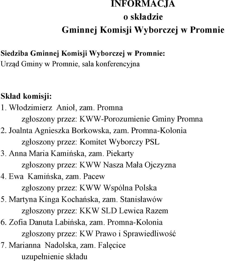 Anna Maria Kamińska, zam. Piekarty zgłoszony przez: KWW Nasza Mała Ojczyzna 4. Ewa Kamińska, zam.