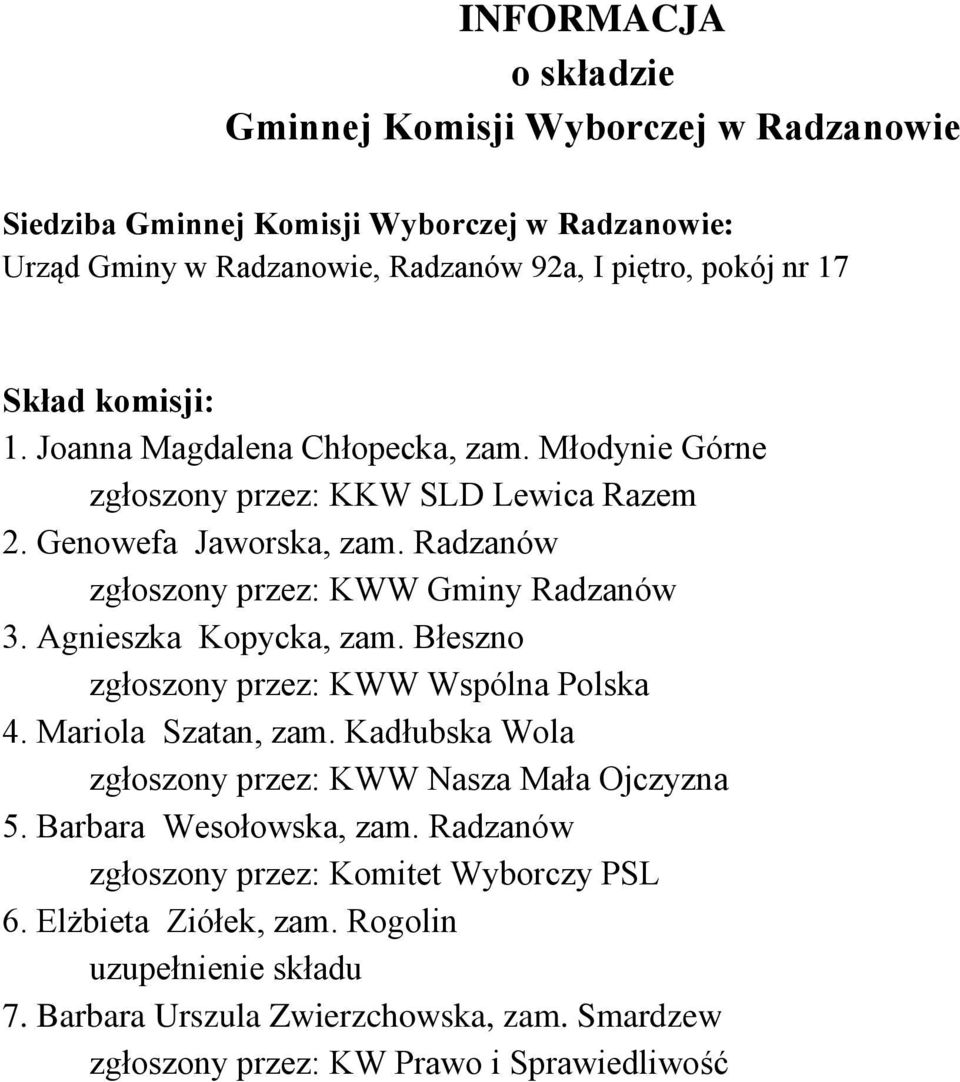 Agnieszka Kopycka, zam. Błeszno zgłoszony przez: KWW Wspólna Polska 4. Mariola Szatan, zam.