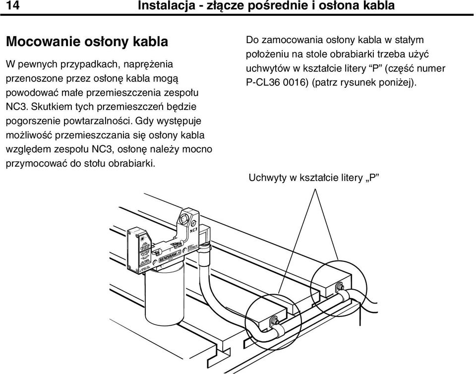 Gdy występuje możliwość przemieszczania się osłony kabla względem zespołu NC3, osłonę należy mocno przymocować do stołu obrabiarki.