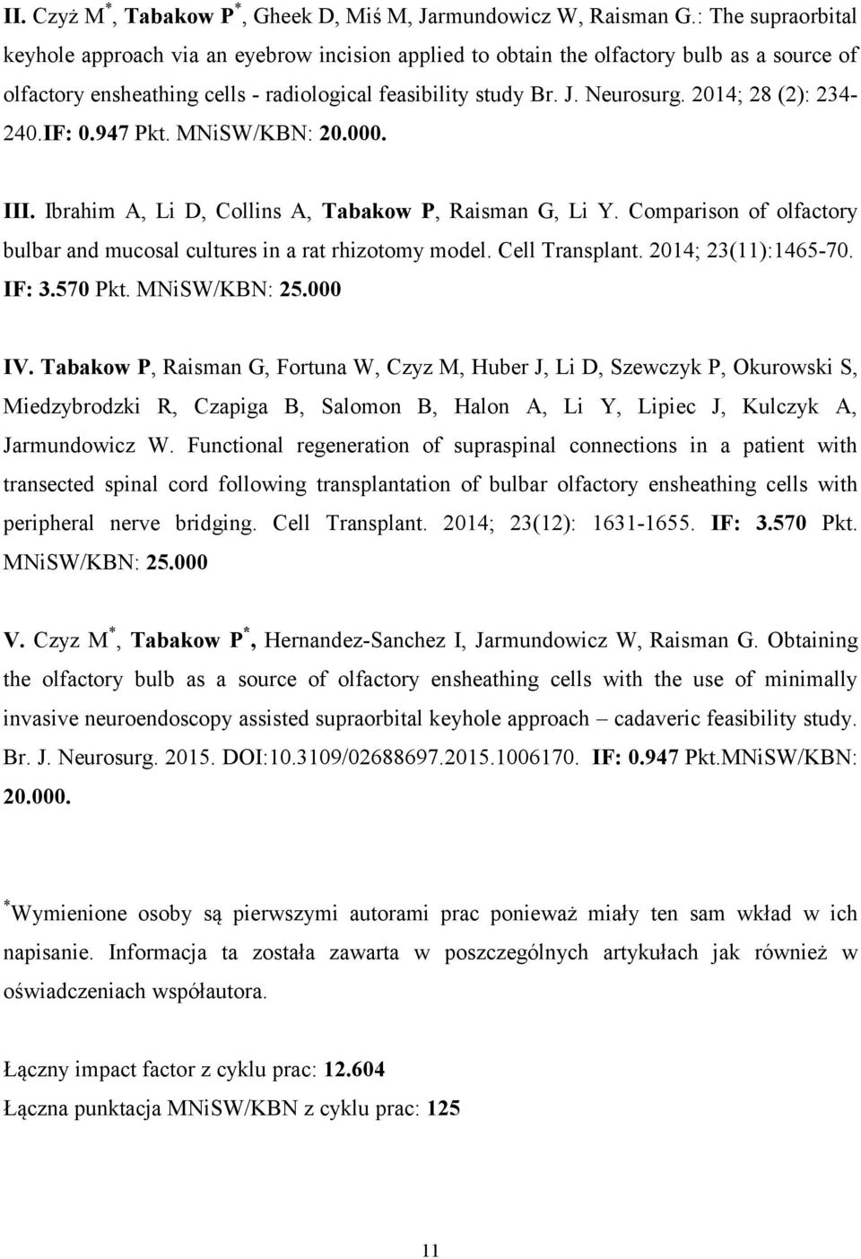 2014; 28 (2): 234-240.IF: 0.947 Pkt. MNiSW/KBN: 20.000. III. Ibrahim A, Li D, Collins A, Tabakow P, Raisman G, Li Y. Comparison of olfactory bulbar and mucosal cultures in a rat rhizotomy model.