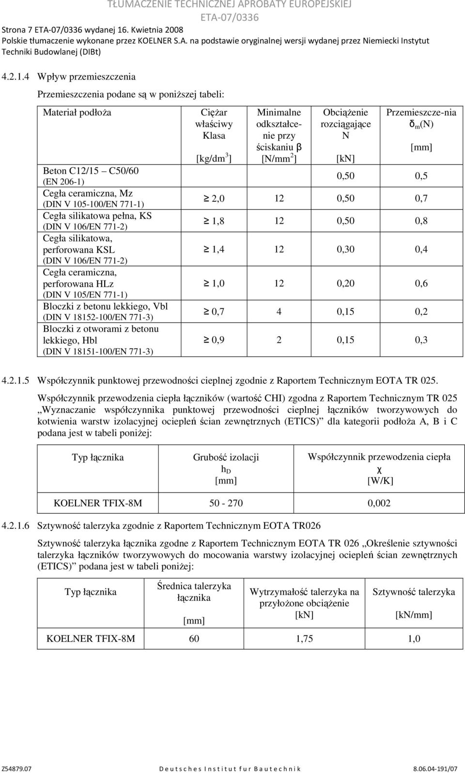 4 Wpływ przemieszczenia Przemieszczenia podane są w poniŝszej tabeli: Materiał podłoŝa Beton C12/15 C50/60 (EN 206-1) Cegła ceramiczna, Mz (DIN V 105-100/EN 771-1) Cegła silikatowa pełna, KS (DIN V