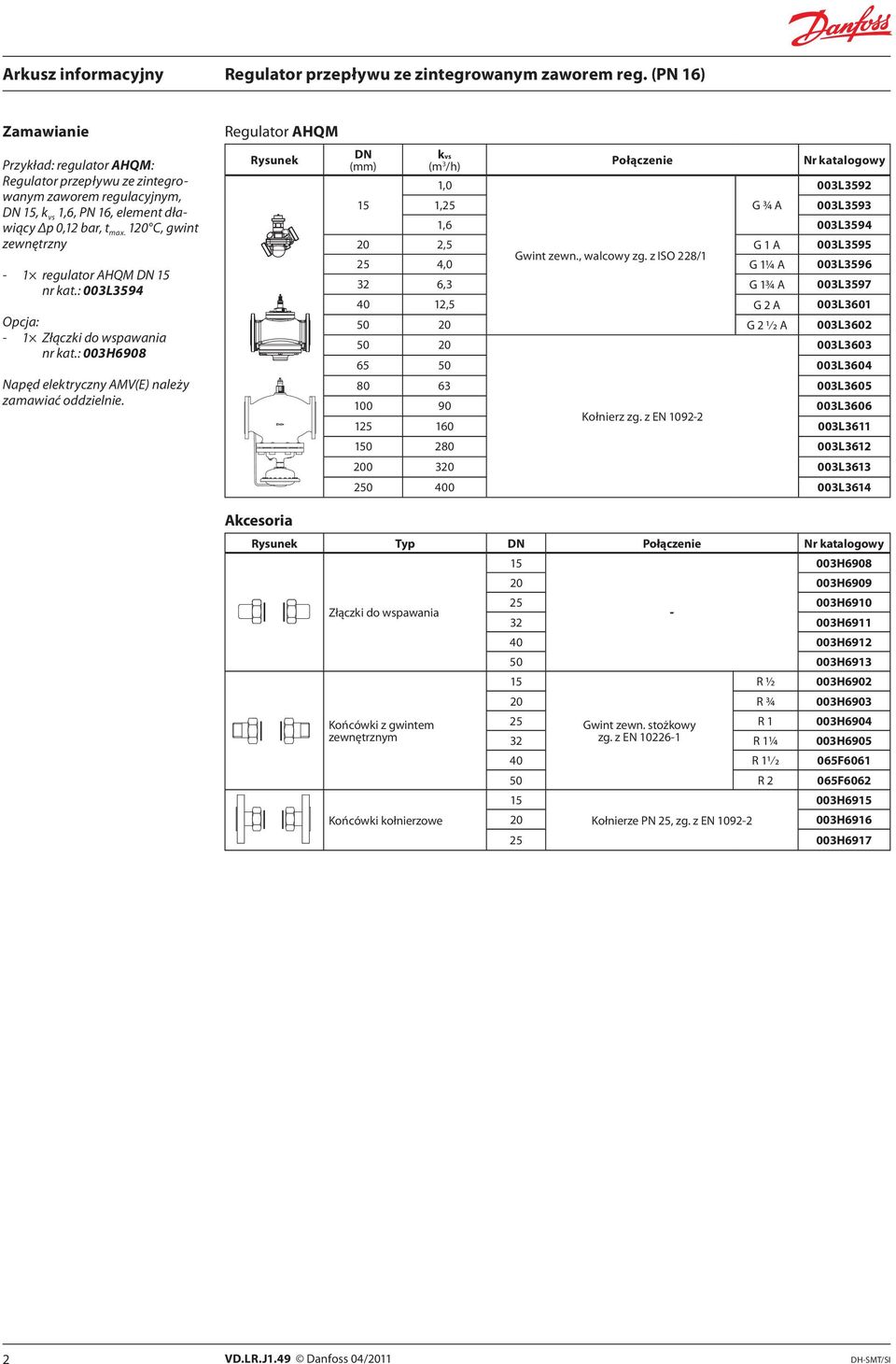 Regulator AHQM Rysunek DN (mm) 15 kvs (m 3 /h) Połączenie Nr katalogowy 1,0 003L3592 1,25 G ¾ A 003L3593 1,6 003L3594 20 2,5 G 1 A 003L3595 Gwint zewn., walcowy zg.