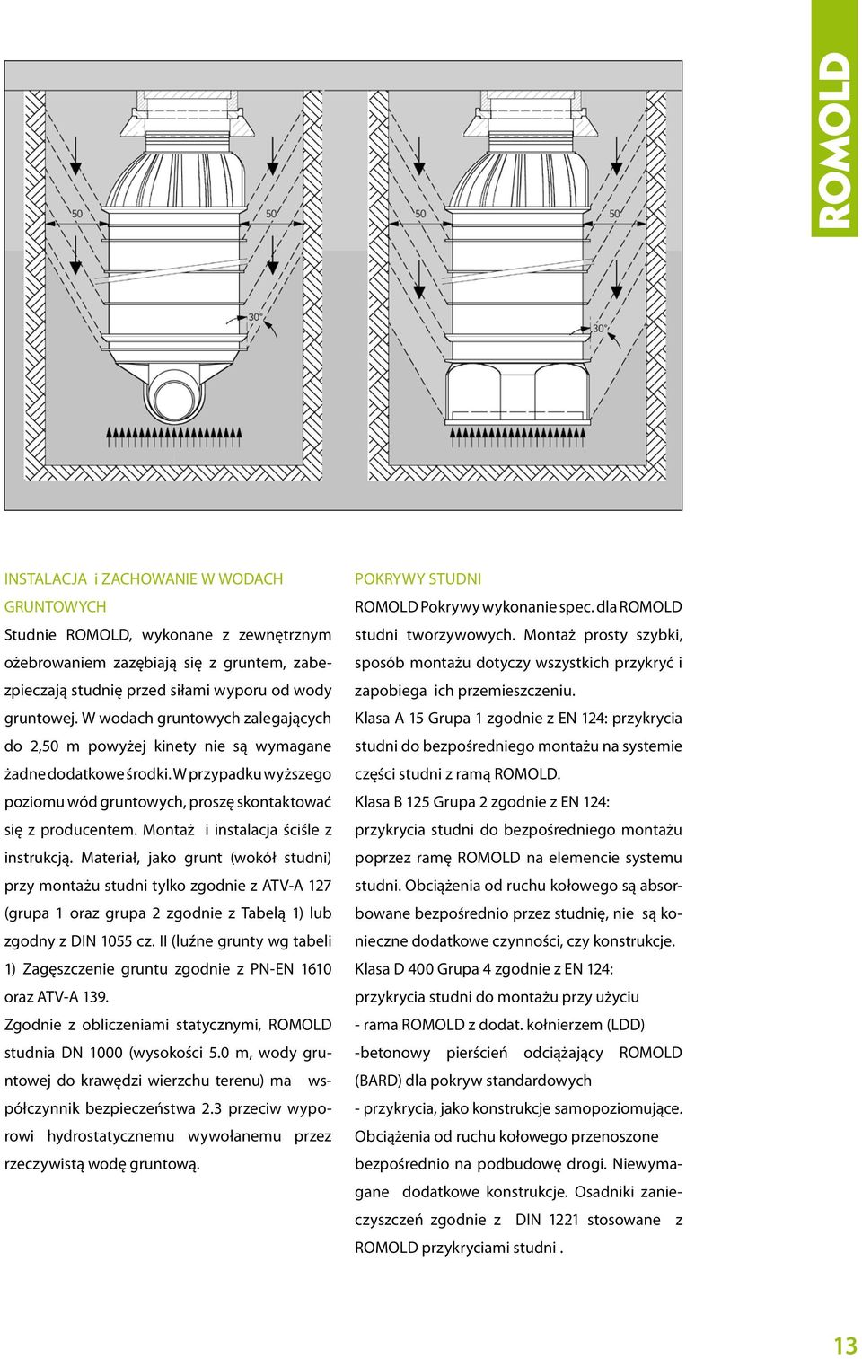 Montaż i instalacja ściśle z instrukcją. Materiał, jako grunt (wokół studni) przy montażu studni tylko zgodnie z ATV-A 127 (grupa 1 oraz grupa 2 zgodnie z Tabelą 1) lub zgodny z DIN 1055 cz.