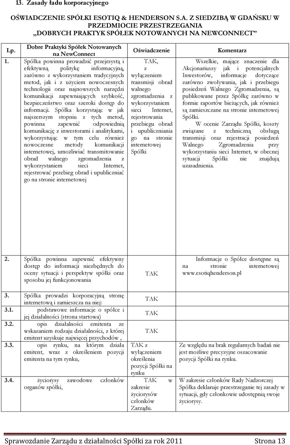 Spółka powinna prowadzić przejrzystą i efektywną politykę informacyjną, zarówno z wykorzystaniem tradycyjnych metod, jak i z użyciem nowoczesnych technologii oraz najnowszych narzędzi komunikacji