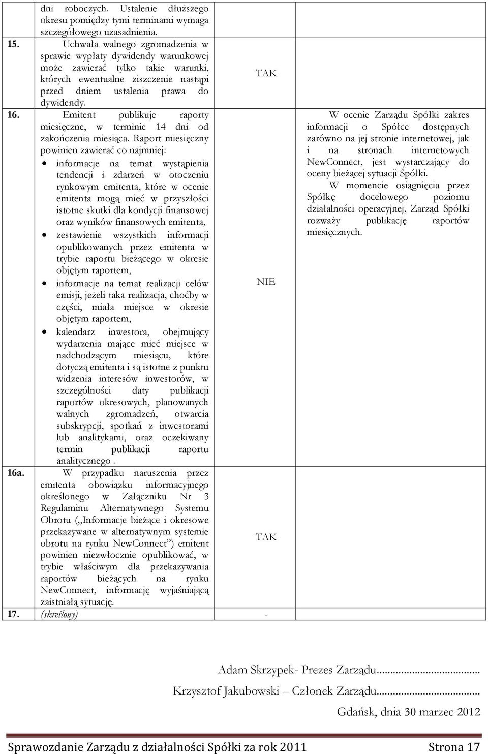 Emitent publikuje raporty miesięczne, w terminie 14 dni od zakończenia miesiąca.