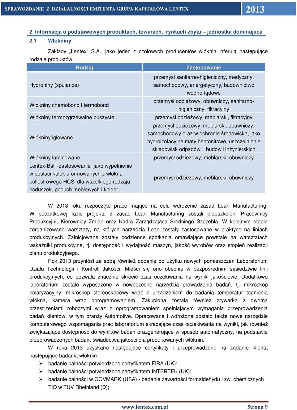 budownictwo wodno-lądowe przemysł odzieżowy, obuwniczy, sanitarnohigieniczny, filtracyjny Włókniny chemobond i termobond Włókniny termozgrzewalne puszyste przemysł odzieżowy, meblarski, filtracyjny