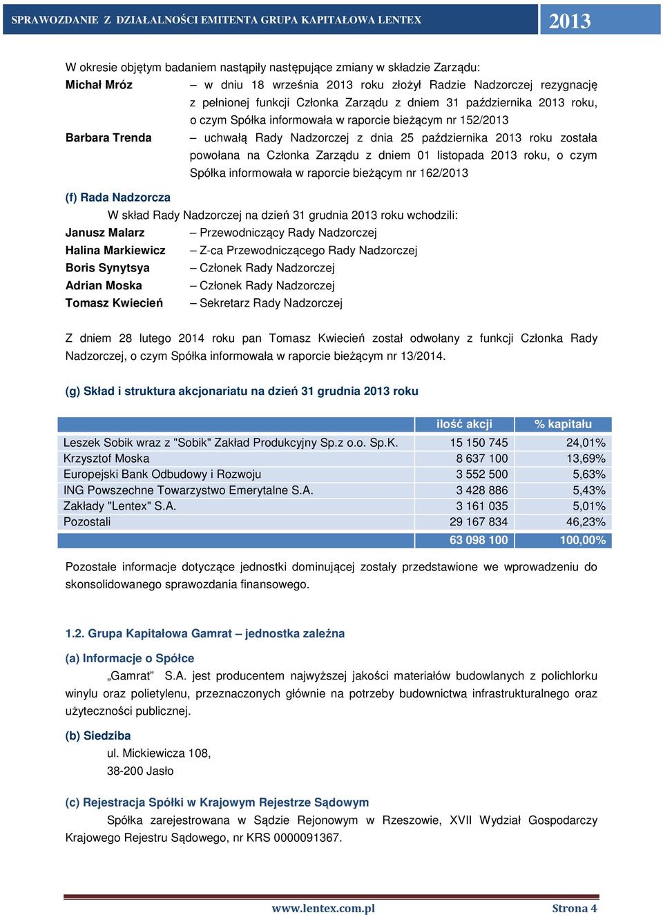 roku, o czym Spółka informowała w raporcie bieżącym nr 162/ (f) Rada Nadzorcza W skład Rady Nadzorczej na dzień 31 grudnia roku wchodzili: Janusz Malarz Przewodniczący Rady Nadzorczej Halina