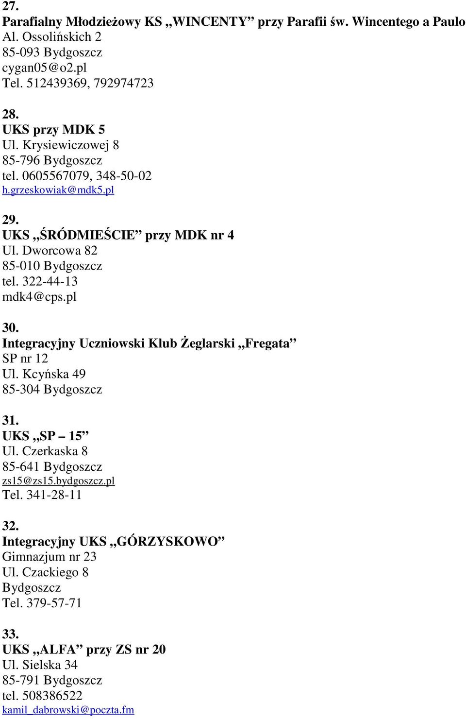 pl 30. Integracyjny Uczniowski Klub Żeglarski Fregata SP nr 12 Ul. Kcyńska 49 85-304 Bydgoszcz 31. UKS SP 15 Ul. Czerkaska 8 85-641 Bydgoszcz zs15@zs15.bydgoszcz.pl Tel.