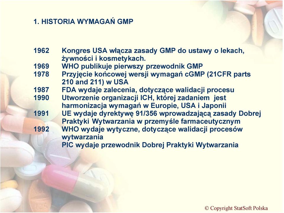 dotyczące walidacji procesu 1990 Utworzenie organizacji ICH, której zadaniem jest harmonizacja wymagań w Europie, USA i Japonii 1991 UE wydaje