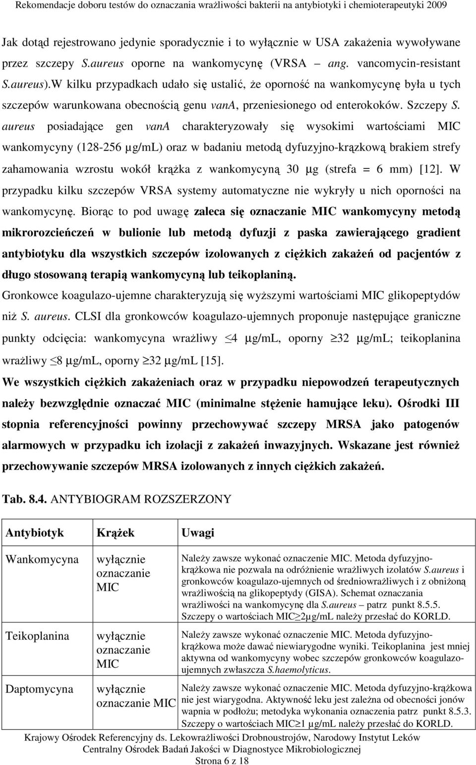 aureus posiadające gen vana charakteryzowały się wysokimi wartościami MIC wankomycyny (128-256 µg/ml) oraz w badaniu metodą dyfuzyjno-krązkową brakiem strefy zahamowania wzrostu wokół krążka z