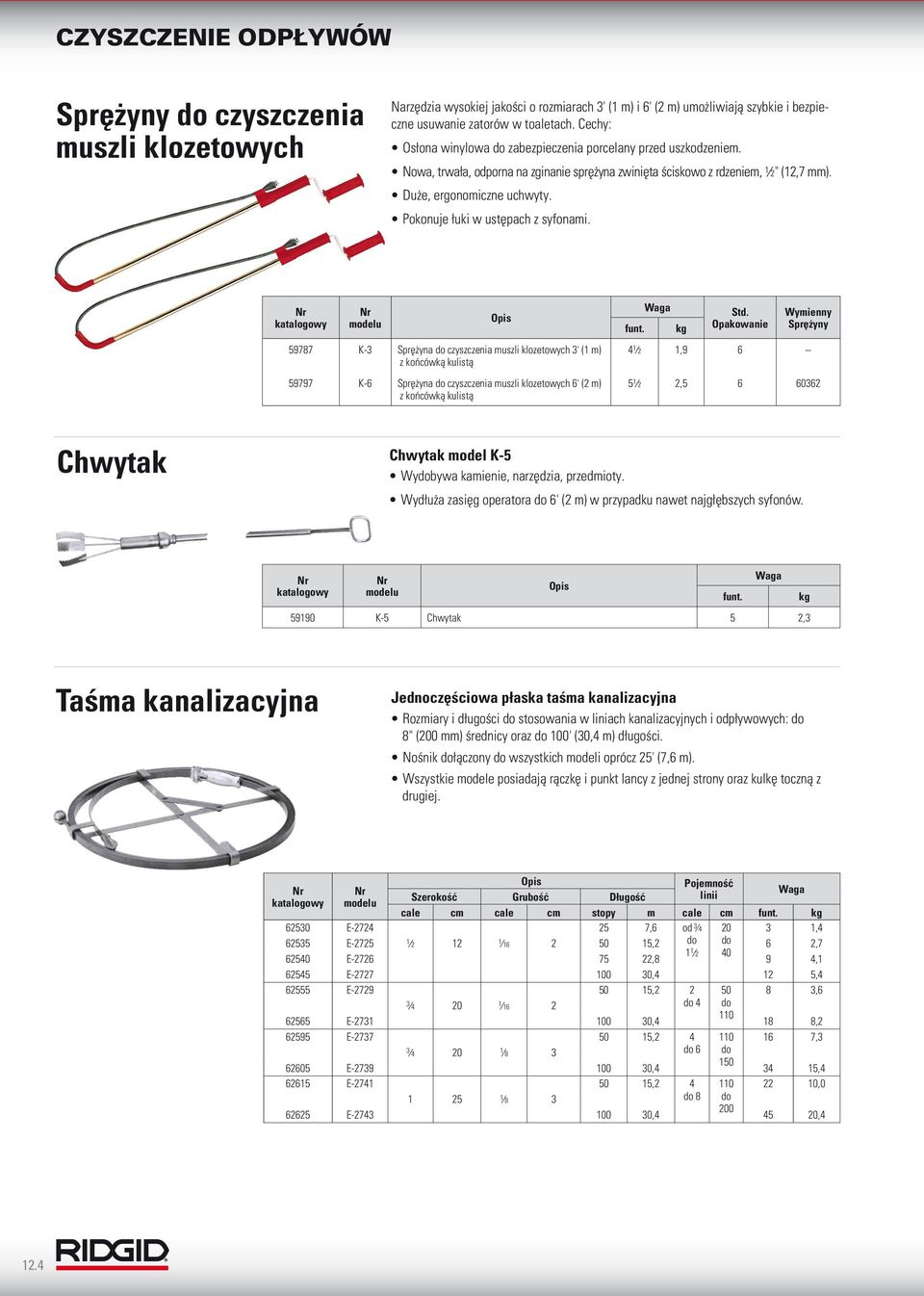 Pokonuje łuki w ustępach z syfonami. 59787 K- Sprężyna do czyszczenia muszli klozetowych ' ( m) z końcówką kulistą 59797 K-6 Sprężyna do czyszczenia muszli klozetowych 6' (2 m) z końcówką kulistą Std.