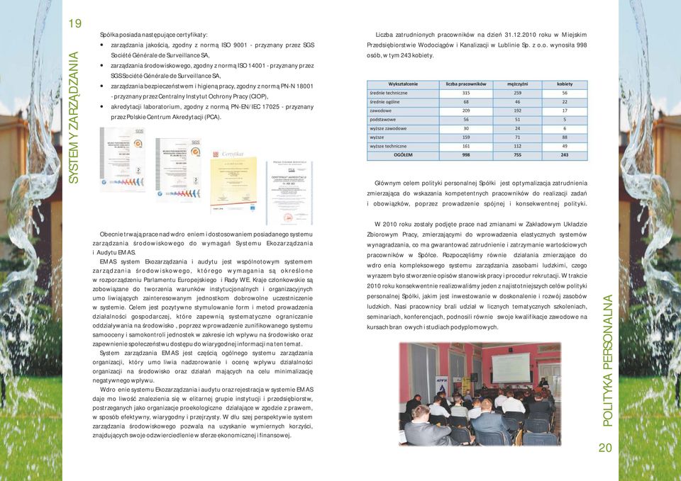 Pracy (CIOP), akredytacji laboratorium, zgodny z normą PN-EN/IEC 17025 - przyznany przez Polskie Centrum Akredytacji (PCA). Liczba zatrudnionych pracowników na dzień 1.12.