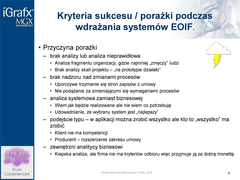 zmianami procesów Uporczywe trzymanie się stron zapisów z umowy Nie podążanie za zmieniającymi się wymaganiami procesów analiza systemowa zamiast biznesowej Wiem jak będzie realizowane ale