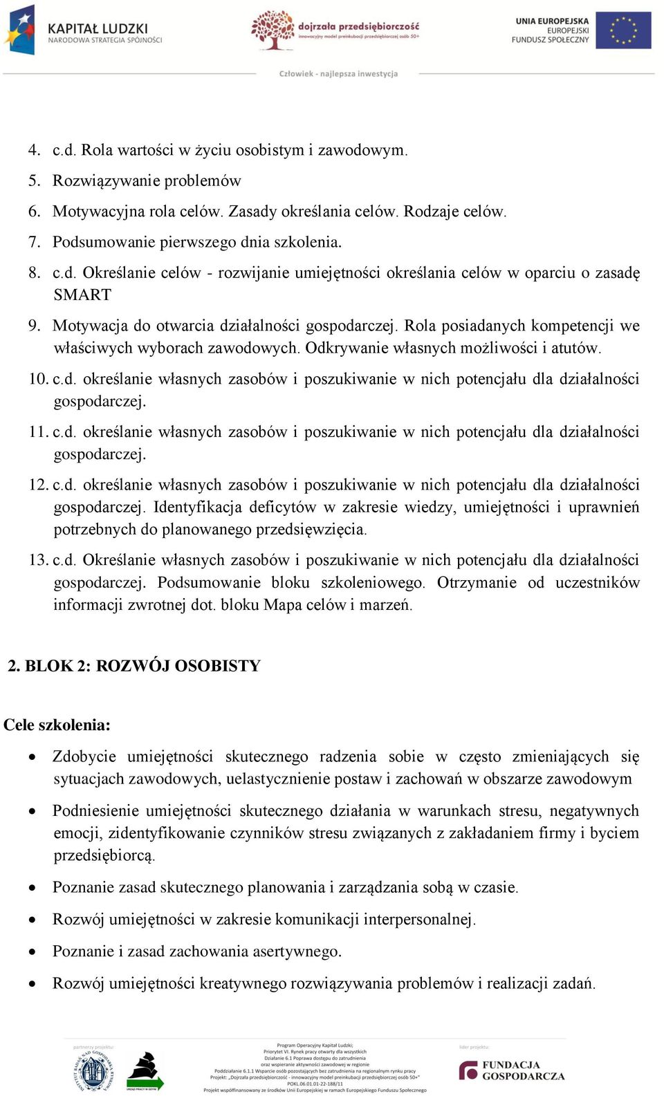 11. c.d. określanie własnych zasobów i poszukiwanie w nich potencjału dla działalności gospodarczej.