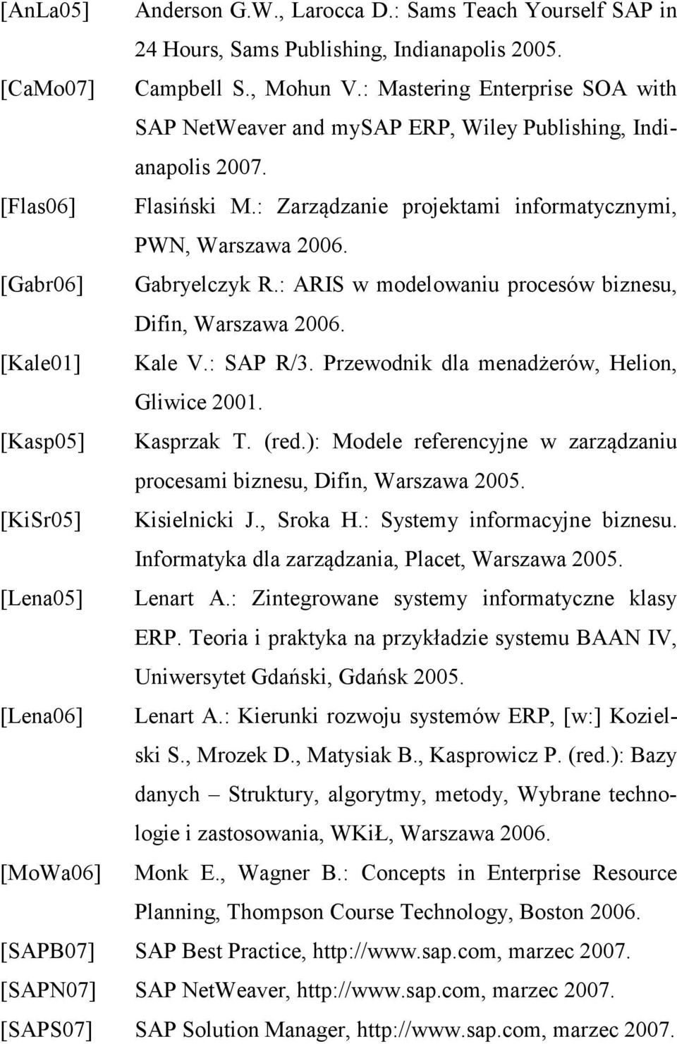 [Gabr06] Gabryelczyk R.: ARIS w modelowaniu procesów biznesu, Difin, Warszawa 2006. [Kale01] Kale V.: SAP R/3. Przewodnik dla menadżerów, Helion, Gliwice 2001. [Kasp05] Kasprzak T. (red.