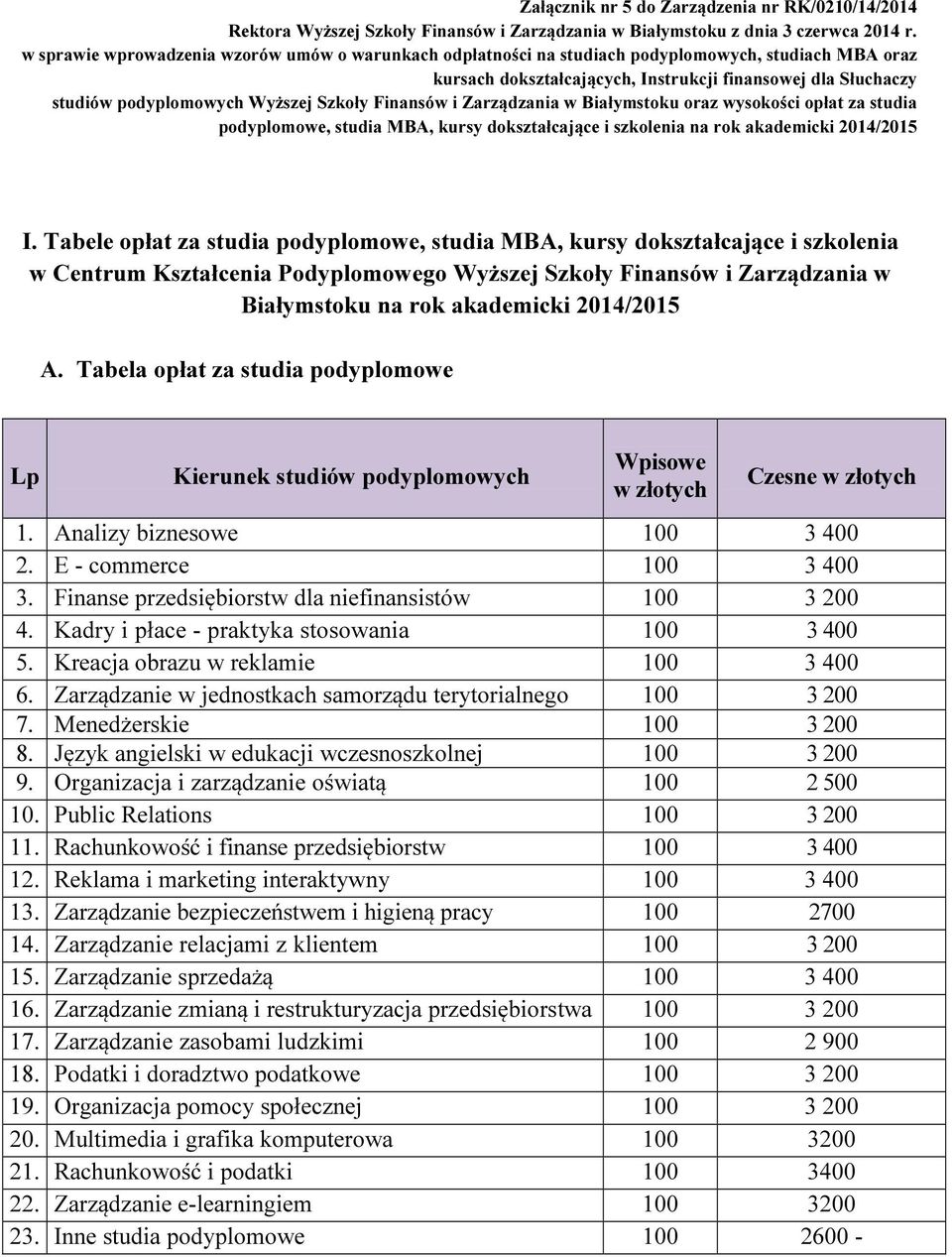 Szkoły Finansów i Zarządzania w Białymstoku oraz wysokości opłat za studia podyplomowe, studia MBA, kursy dokształcające i szkolenia na rok akademicki 2014/2015 I.