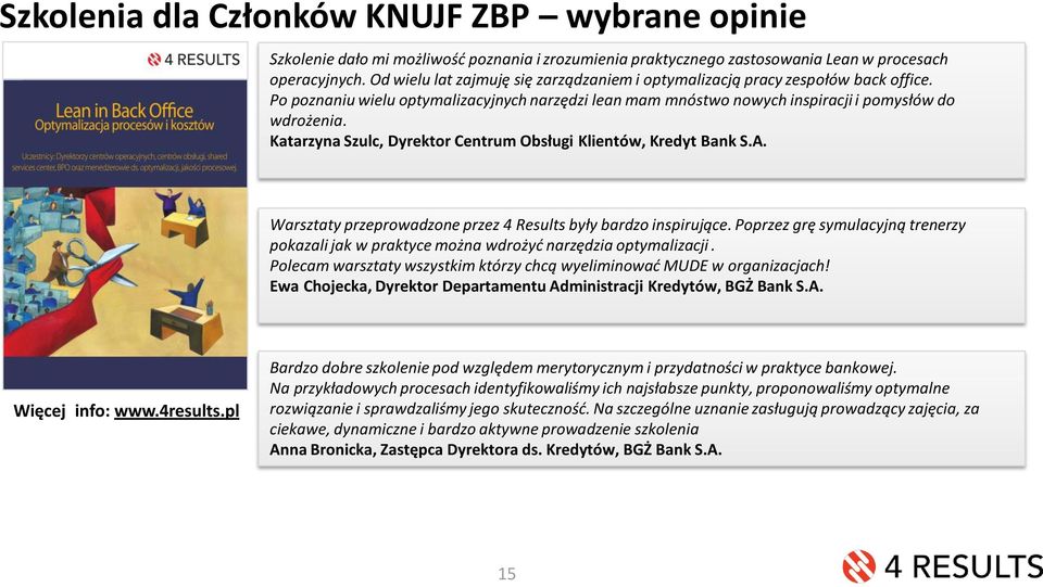 Katarzyna Szulc, Dyrektor Centrum Obsługi Klientów, Kredyt Bank S.A. Warsztaty przeprowadzone przez 4 Results były bardzo inspirujące.