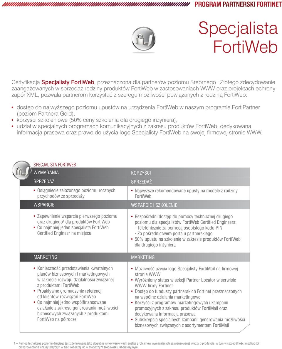 FortiPartner (poziom Partnera Gold), korzyści szkoleniowe (50% ceny szkolenia dla drugiego inżyniera), udział w specjalnych programach komunikacyjnych z zakresu produktów FortiWeb, dedykowana