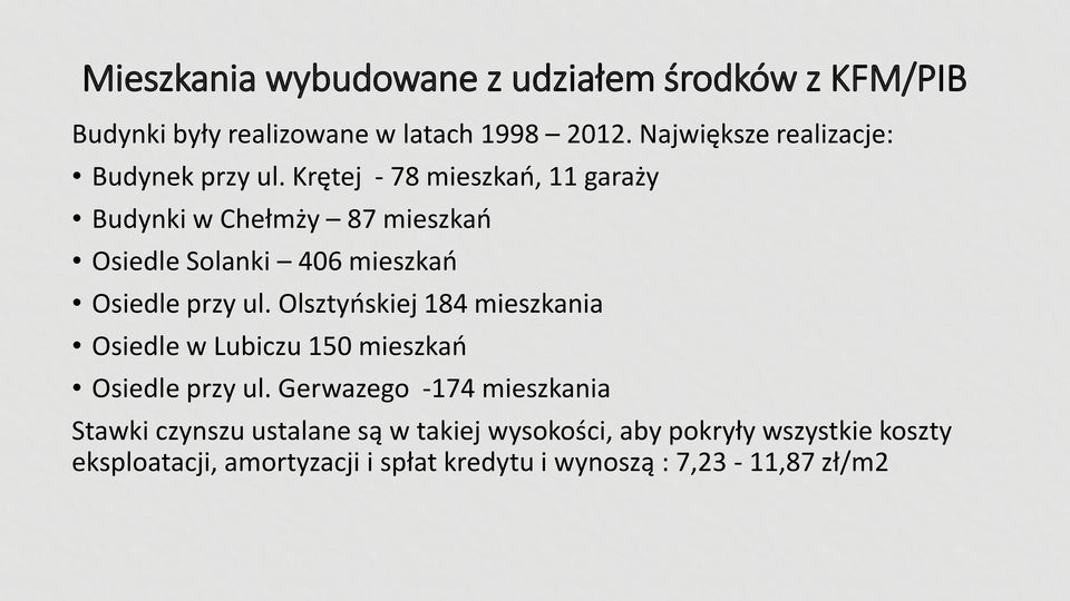 Krętej - 78 mieszkań, 11 garaży Budynki w Chełmży 87 mieszkań Osiedle Solanki 406 mieszkań Osiedle przy ul.