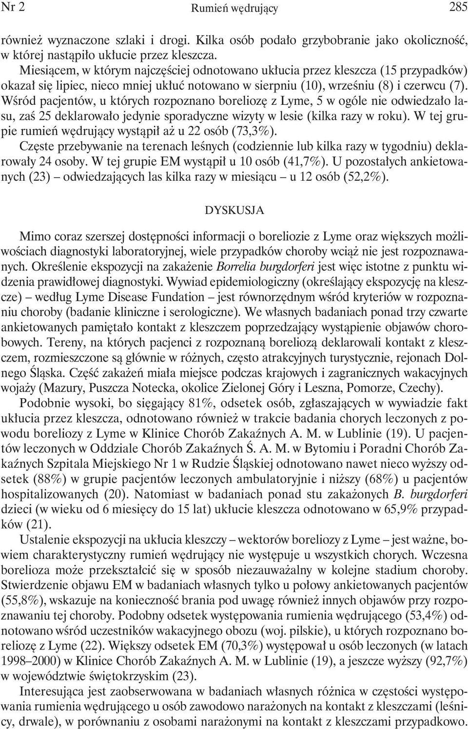 Wśród pacjentów, u których rozpoznano boreliozę z Lyme, 5 w ogóle nie odwiedzało lasu, zaś 25 deklarowało jedynie sporadyczne wizyty w lesie (kilka razy w roku).