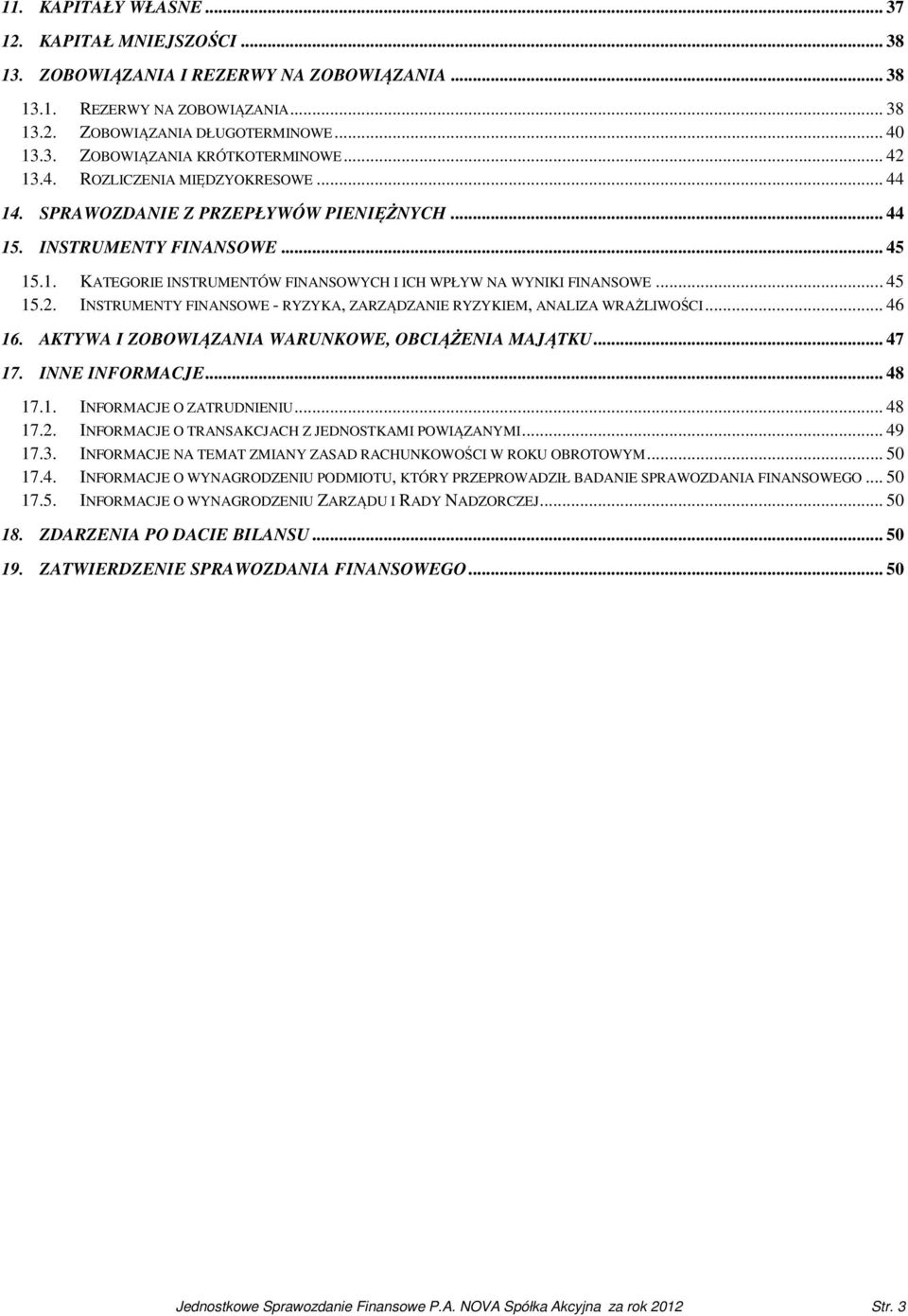 .. 45 15.2. INSTRUMENTY FINANSOWE - RYZYKA, ZARZĄDZANIE RYZYKIEM, ANALIZA WRAŻLIWOŚCI... 46 16. AKTYWA I ZOBOWIĄZANIA WARUNKOWE, OBCIĄŻENIA MAJĄTKU... 47 17. INNE INFORMACJE... 48 17.1. INFORMACJE O ZATRUDNIENIU.